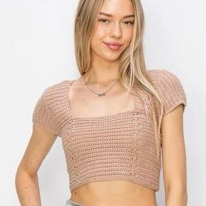 Mahina Hawaii NWT Women's Beige 1976 Crochet Knit Back Open Lace Up Crop Top L